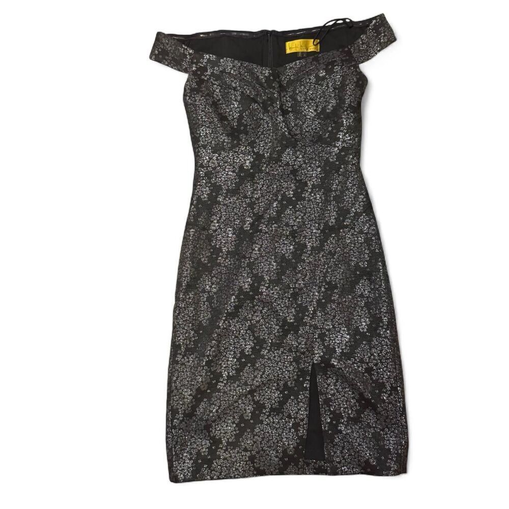 Nicole Miller Women's Bardot off-the-shoulder black Floral cocktail dress Sz 4